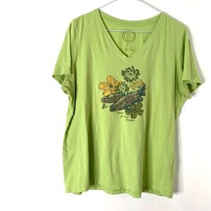 Life Is Good Keep It Reel Fishing Graphic Tee Lime Green V-Neck Cotton Classic